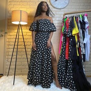 Tyche Off-Shoulder Black Maxi Dress with White Patterns